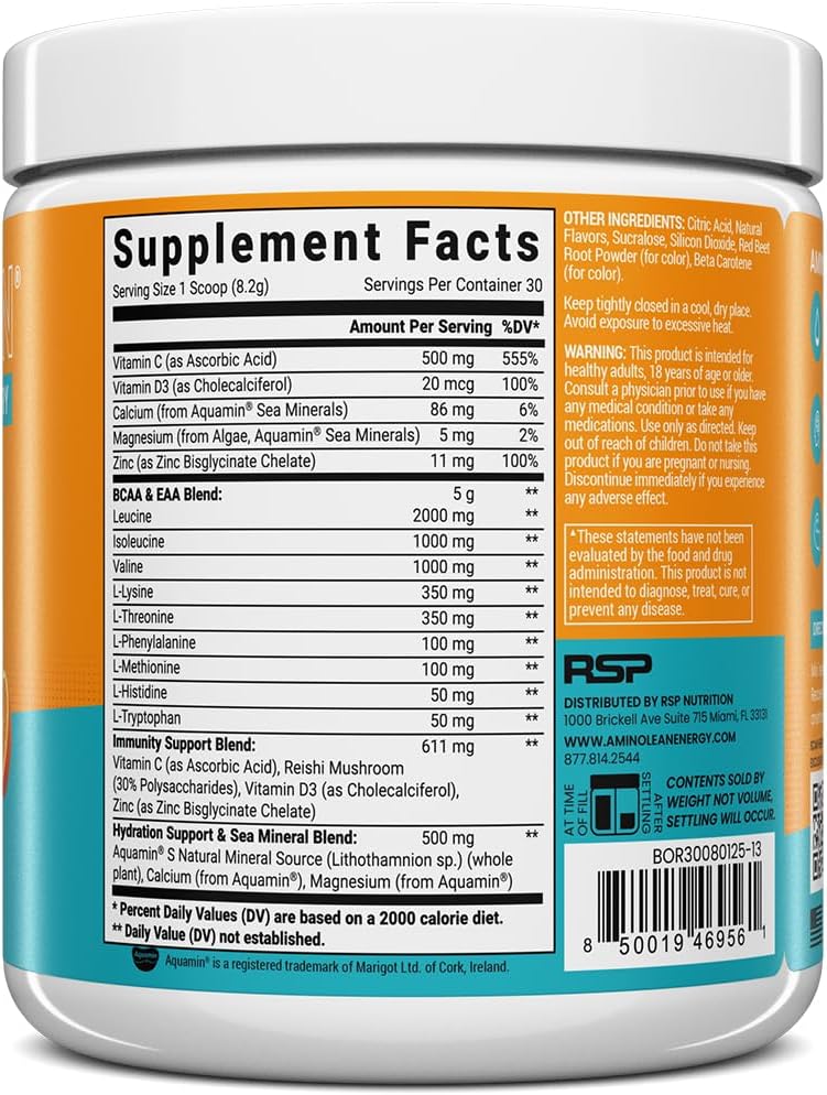 AminoLean Recovery Electrolytes Powder with Vegan BCAA + EAA Amino Acids | 5g Vegan Amino Acids, Hydration, Electrolytes & Nootropic Reishi Mushrooms for Post Workout & Morning Recovery, Sugar Free