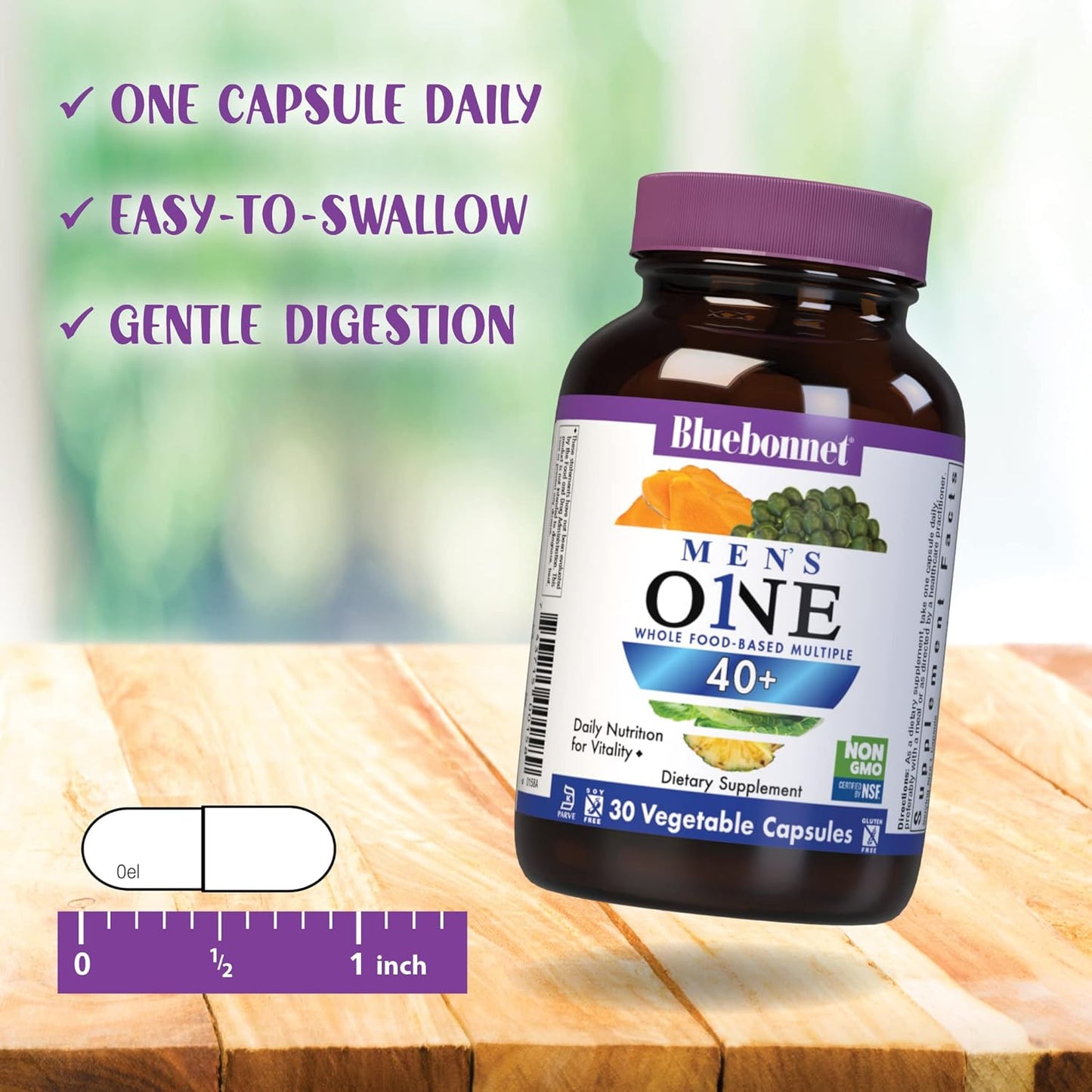 Bluebonnet Nutrition Mens' ONE 40+ Whole Food-Based Multiple, Men Multivitamin for Men 40+, Soy-Free, Non-GMO, Gluten Free, Kosher, 60 Vegetable Capsules, 60 Servings