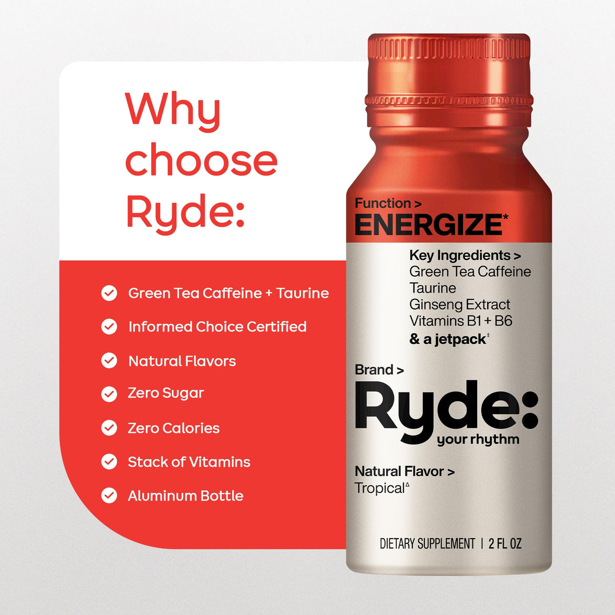 RYDE Energize Energy Shot, Tropical Flavor, Zero Sugar, 2 fl oz, 8 Pack