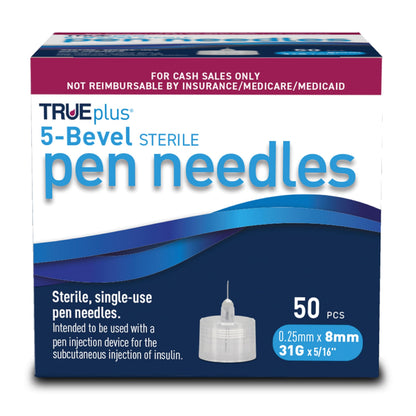 TRUEplus 5-Bevel Sterile Pen Needles, 32G x 4mm (5/32 Inch), 50 Count | For Use with Pen Injection Device, Single-Use Needles, Compatible Thread with Major Pen Devices, Silicone Coated