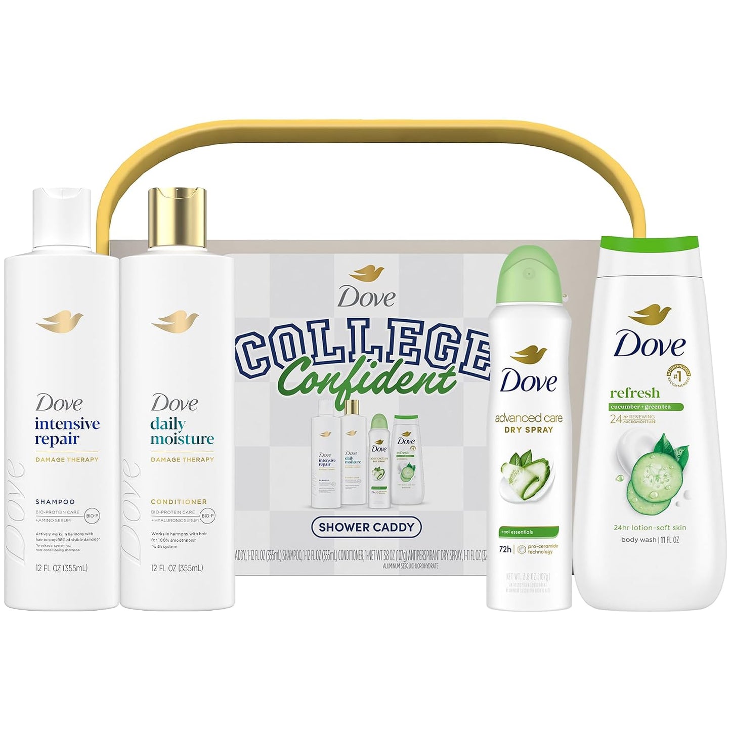 Dove Shower Caddy College Confident Gift Set – Cucumber & Green Tea Body Wash, Intensive Repair Shampoo, Daily Moisture Conditioner, Cool Essentials Deodorant for Women (5 Piece Set)
