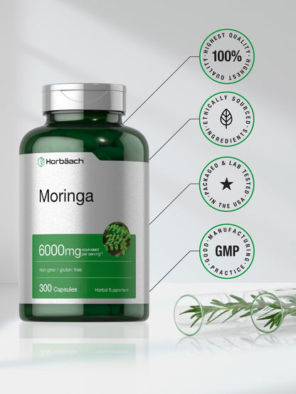 Horbäach Moringa Oleifera | 6000mg | 300 Powder Capsules | Non-GMO and Gluten free