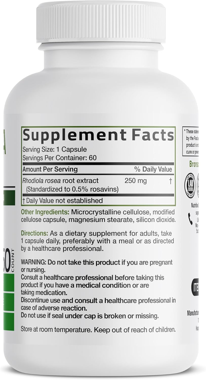 Bronson Rhodiola Rosea Adaptogen for Stress, Mood & Energy, 60 Capsules | Brain Health Support, Vegetarian, Non-GMO, Gluten-Free & Soy-Free