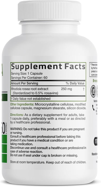 Bronson Rhodiola Rosea Adaptogen for Stress, Mood & Energy, 60 Capsules | Brain Health Support, Vegetarian, Non-GMO, Gluten-Free & Soy-Free