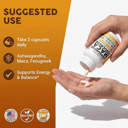 Clean Nutraceuticals Ashwagandha Maca Root Fenugreek Supplement with Tongkat Ali Ginseng - Assists with Stress, Mood & Thyroid - Ashwagandha Capsules Fenugreek Caps