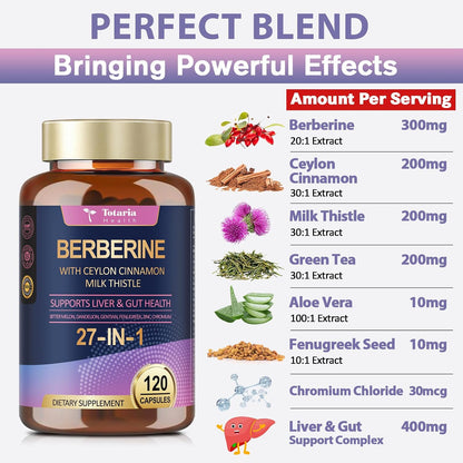 Berberine Supplement with Ceylon Cinnamon, Milk Thistle - GLP-1 Supplement GLP Activate Natural Formula, Berberine Plus for Liver & Gut Health, Immunity, Better Figure, Men & Women - 120 Vegan Caps