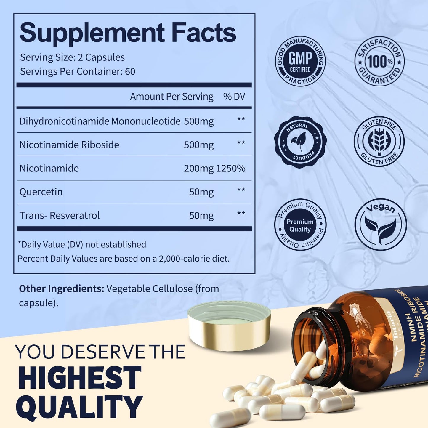 Totaria NMNH 500mg (Dihydronicotinamide Mononucleotide), Premium NMN Alternative Supplement w/Niacinamide (Vitamin B3), Quercetin, Trans-Resveratrol, for NAD+, Skin Cell, Anti-Aging & Energy, 120 Ct