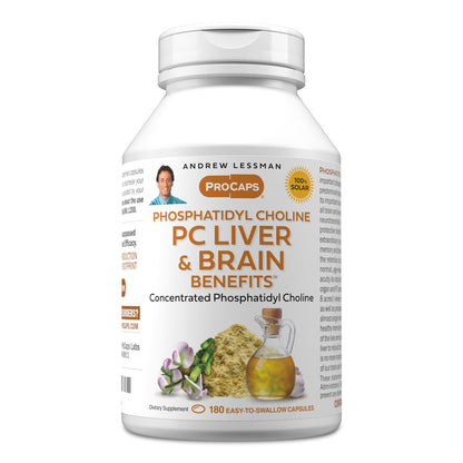 Andrew Lessman ProCaps PC Liver & Brain Benefits 360 Softgels | Phosphatidyl Choline with Ahiflower Oil supports acetylcholine production, memory, focus & healthy liver function.