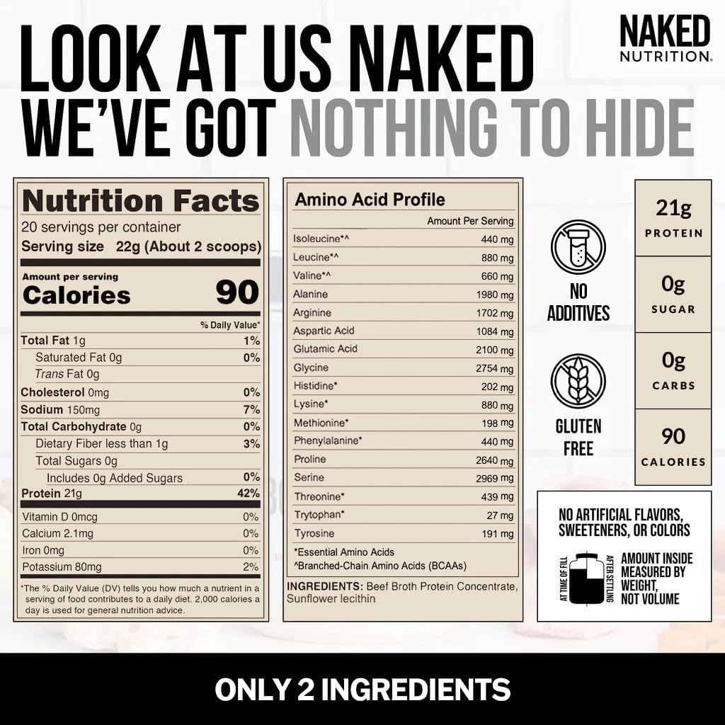 NAKED Bone Broth - Beef Bone Broth Protein Powder - 21G Protein, 17G Collagen - Gut Health and Joint Supplement - Unflavored - No GMO, Gluten-Free, Soy Free - 1LB