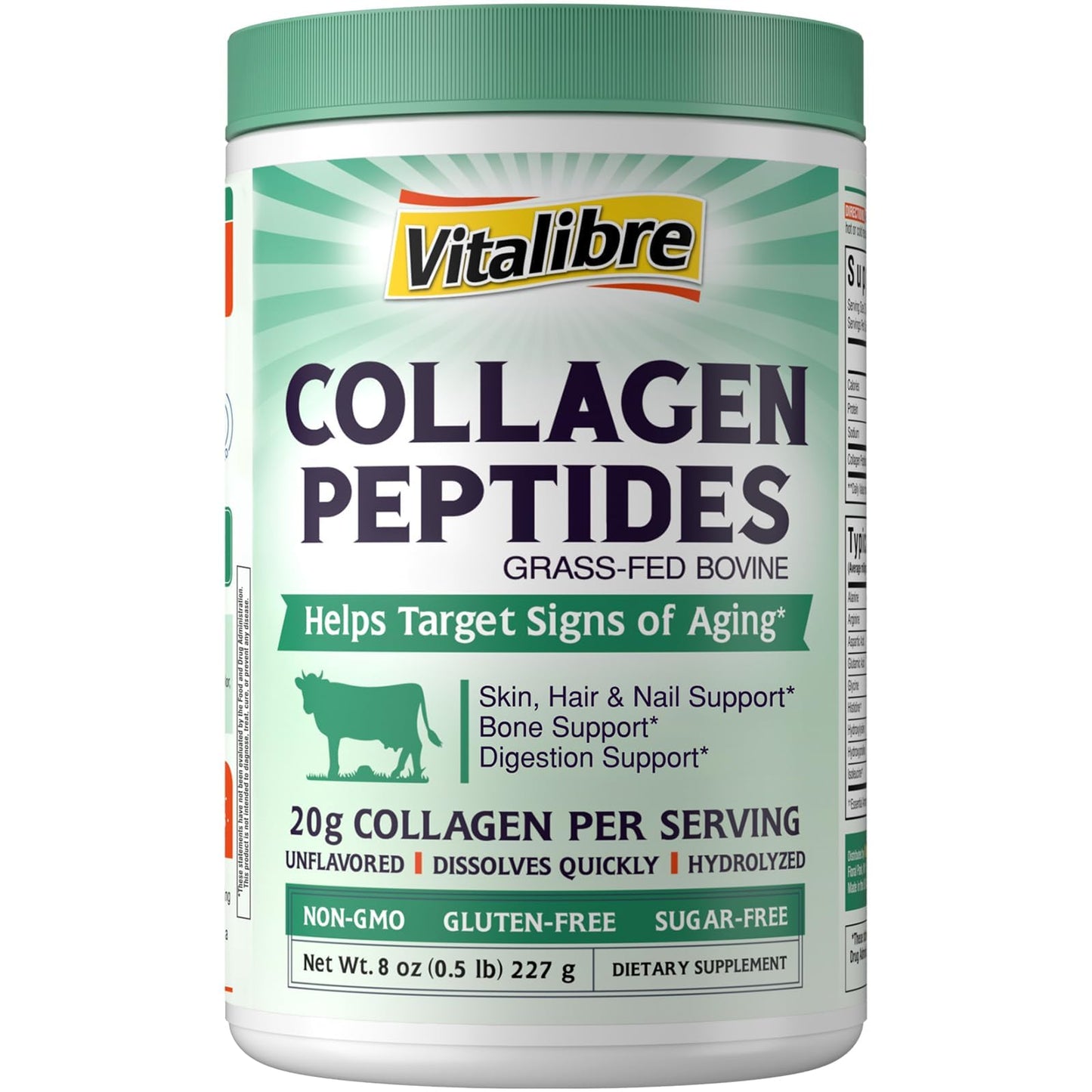 Vitalibre Bovine Collagen Peptides Powder for Women and Men, Grass-Fed Hydrolyzed Collagen Protein Type I & III, Skin, Hair, Nails, Bones, Digestion, Unflavored, Non-GMO, Keto & GF, 22 Servings, 16oz
