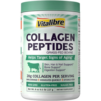 Vitalibre Bovine Collagen Peptides Powder for Women and Men, Grass-Fed Hydrolyzed Collagen Protein Type I & III, Skin, Hair, Nails, Bones, Digestion, Unflavored, Non-GMO, Keto & GF, 22 Servings, 16oz