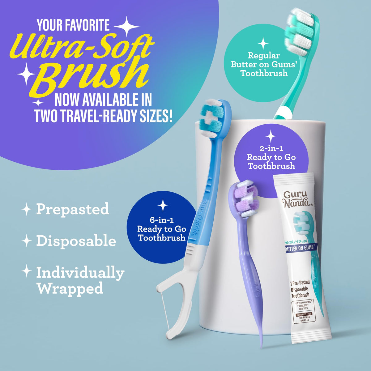 GuruNanda Butter On Gums Toothbrush, ADA Accepted, with 8000+ Ultra Soft Softex Bristles for Sensitive & Receding Gums, Perfect for Whiter Teeth, 8 Ct