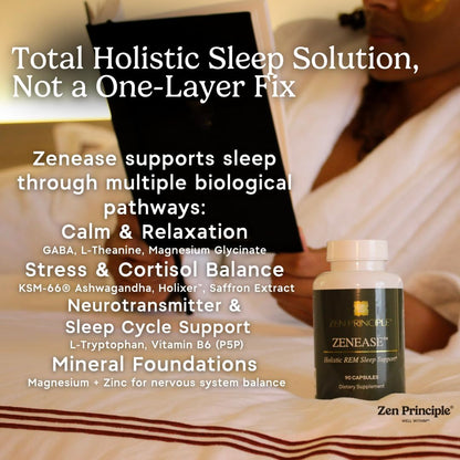 Zen Principle Zenease Sleep Support with Magnesium Glycinate, Ashwagandha KSM-66®, Saffron, L-Theanine & GABA – No Melatonin, Natural Stress Relief & Sleep Aid. 90 Capsules