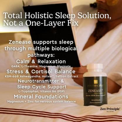 Zen Principle Zenease Sleep Support with Magnesium Glycinate, Ashwagandha KSM-66®, Saffron, L-Theanine & GABA – No Melatonin, Natural Stress Relief & Sleep Aid. 90 Capsules