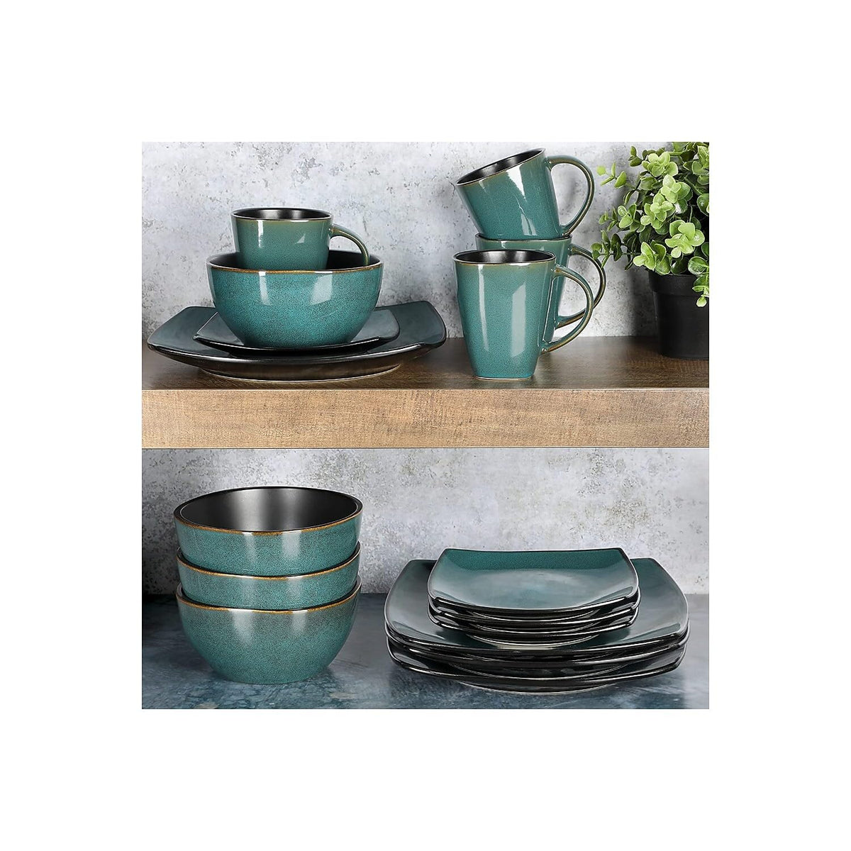 Gibson Elite Soho Lounge 16 Piece Reactive Glaze Dinnerware Set, Soft Square, Teal Green