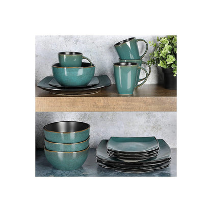 Gibson Elite Soho Lounge 16 Piece Reactive Glaze Dinnerware Set, Soft Square, Teal Green