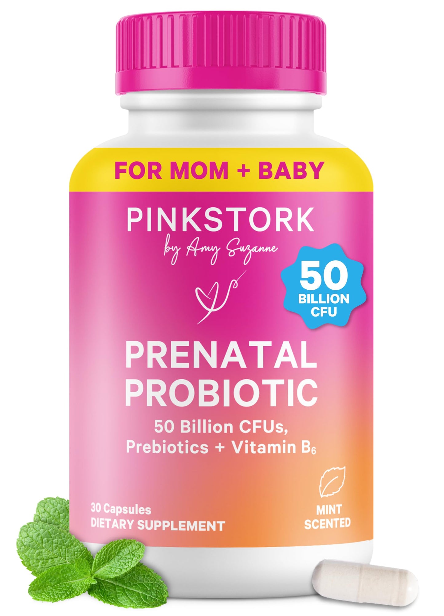 Pink Stork Prenatal Probiotic for Women with 50 Billion CFU, 30 Capsules | Added Vitamin B6 + Prebiotics, Morning Sickness Support, Vegan & Gluten-Free, Digestive, Immune, + Gut Health