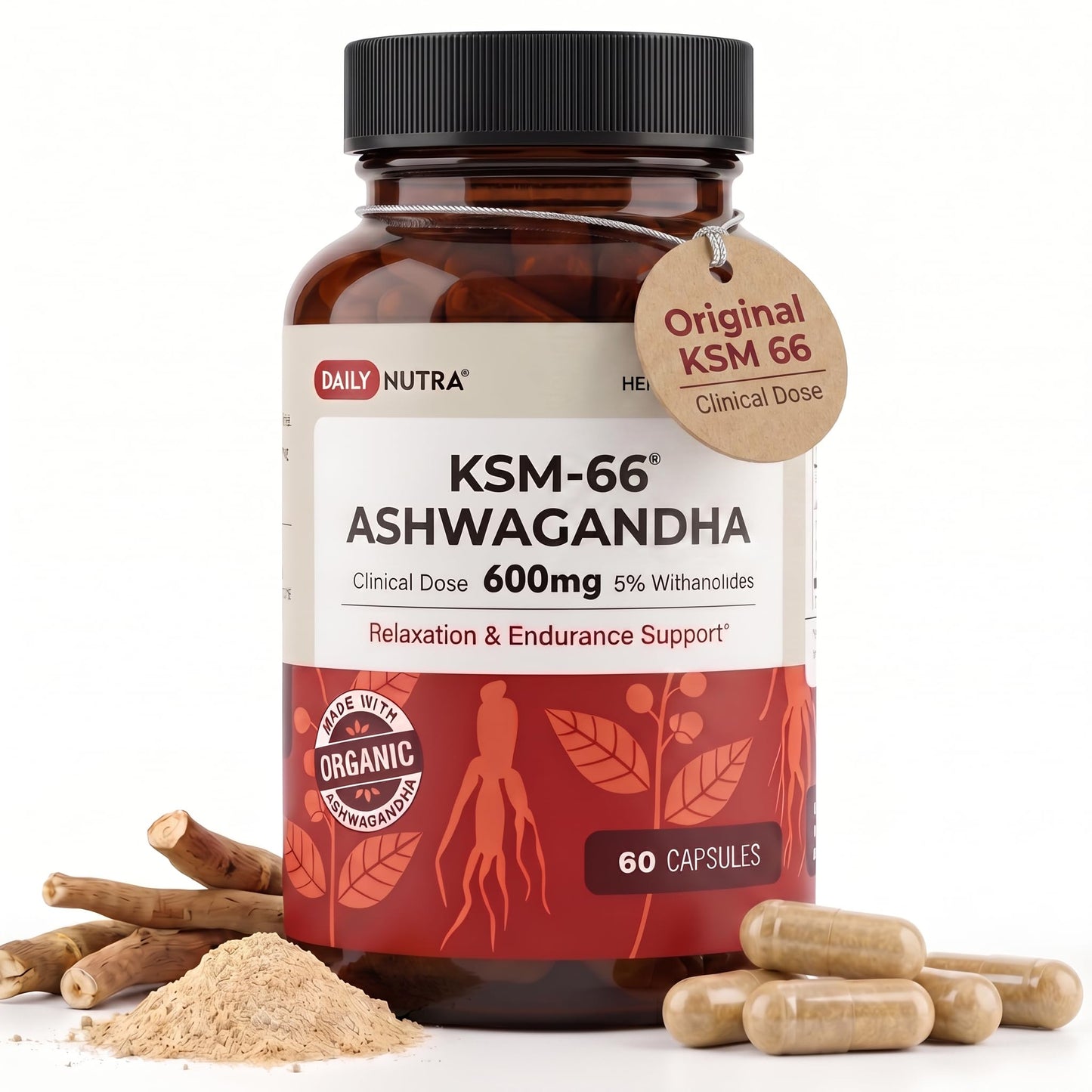 DailyNutra KSM-66 Ashwagandha 600mg Organic Root Extract - High Potency Supplement with 5% Withanolides | Relieves Tiredness, Supports Relaxation, Focus, Energy, & Muscle Growth (90 Capsules)