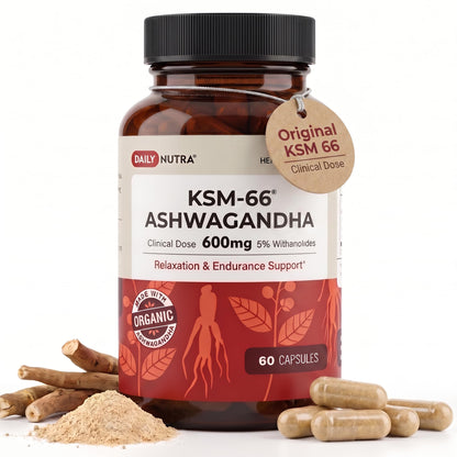 DailyNutra KSM-66 Ashwagandha 600mg Organic Root Extract - High Potency Supplement with 5% Withanolides | Relieves Tiredness, Supports Relaxation, Focus, Energy, & Muscle Growth (90 Capsules)