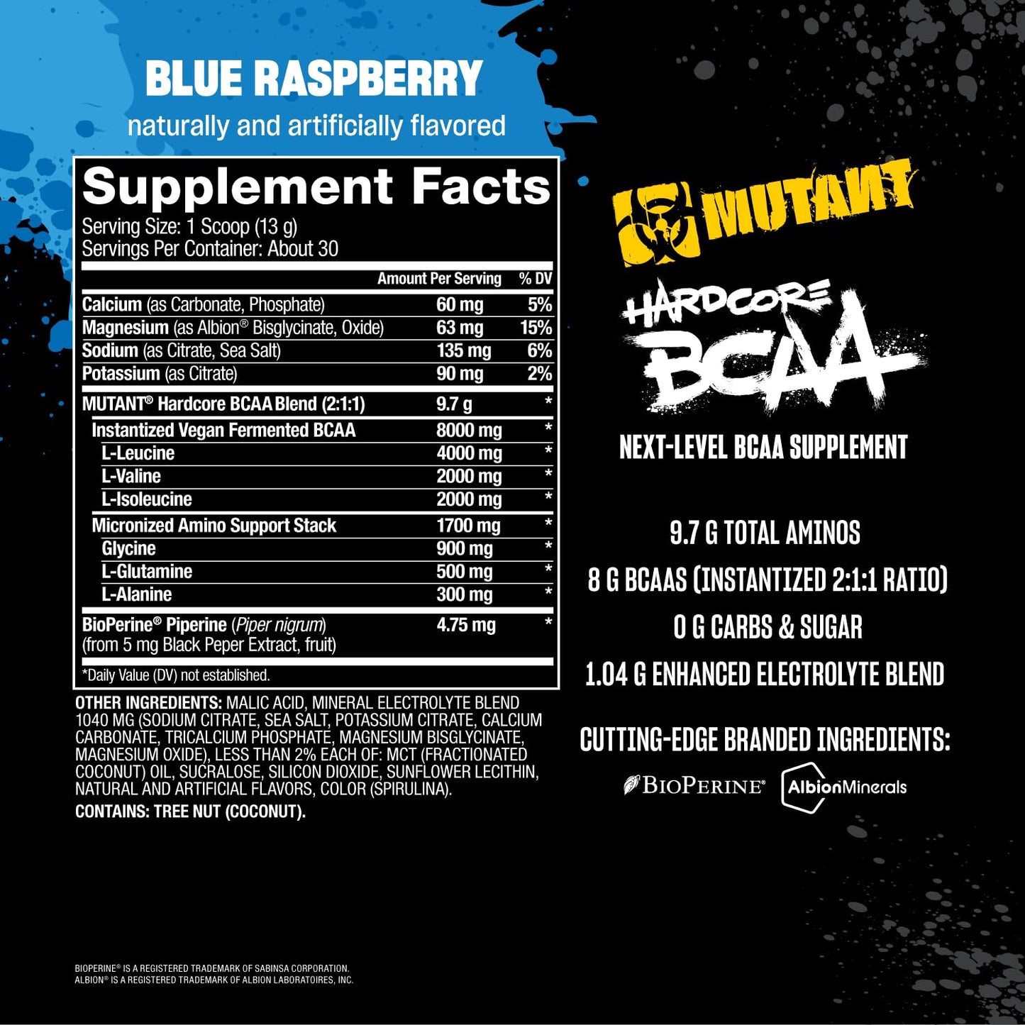 Mutant Hardcore BCAA - Pre, Intra or Post Workout – BCAA Next Level branched-Chain Amino Acids Supplement – Hydration + Recovery - 30 Serving - Blue Raspberry
