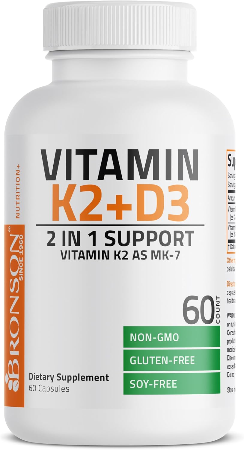Bronson Vitamin K2 D3 (MK7) Supplement 2-in1 D3 & K2 Complex, 60 Capsules | Bone, Immune & Heart Health Support, Gluten Free, Soy Free, Non-GMO, Vitamin D3 5000IU (125 mcg) & 90 mcg K2 MK-7