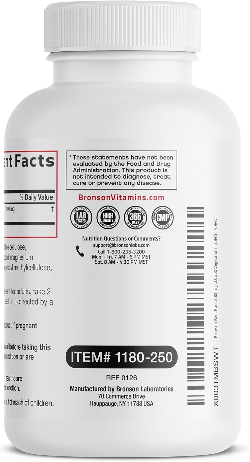 Bronson Beet Root Extra Strength, Non-GMO, 250 Vegetarian Tablets | Gluten-Free, Soy-Free, GMO-Free, Easy To Swallow