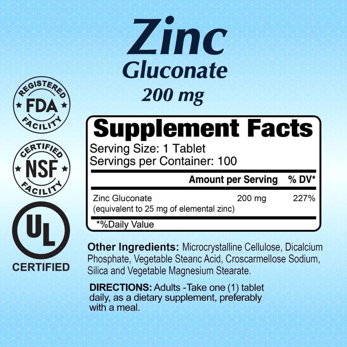 Zinc Gluconate 200 mg by Alfa Vitamins - Boost Immune System - Promote Healthy Skin - 100 Tablets