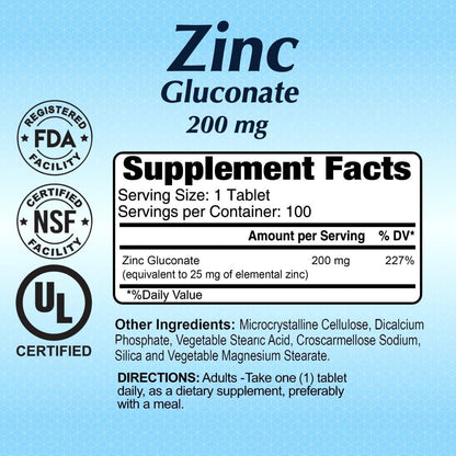 Zinc Gluconate 200 mg by Alfa Vitamins - Boost Immune System - Promote Healthy Skin - 100 Tablets