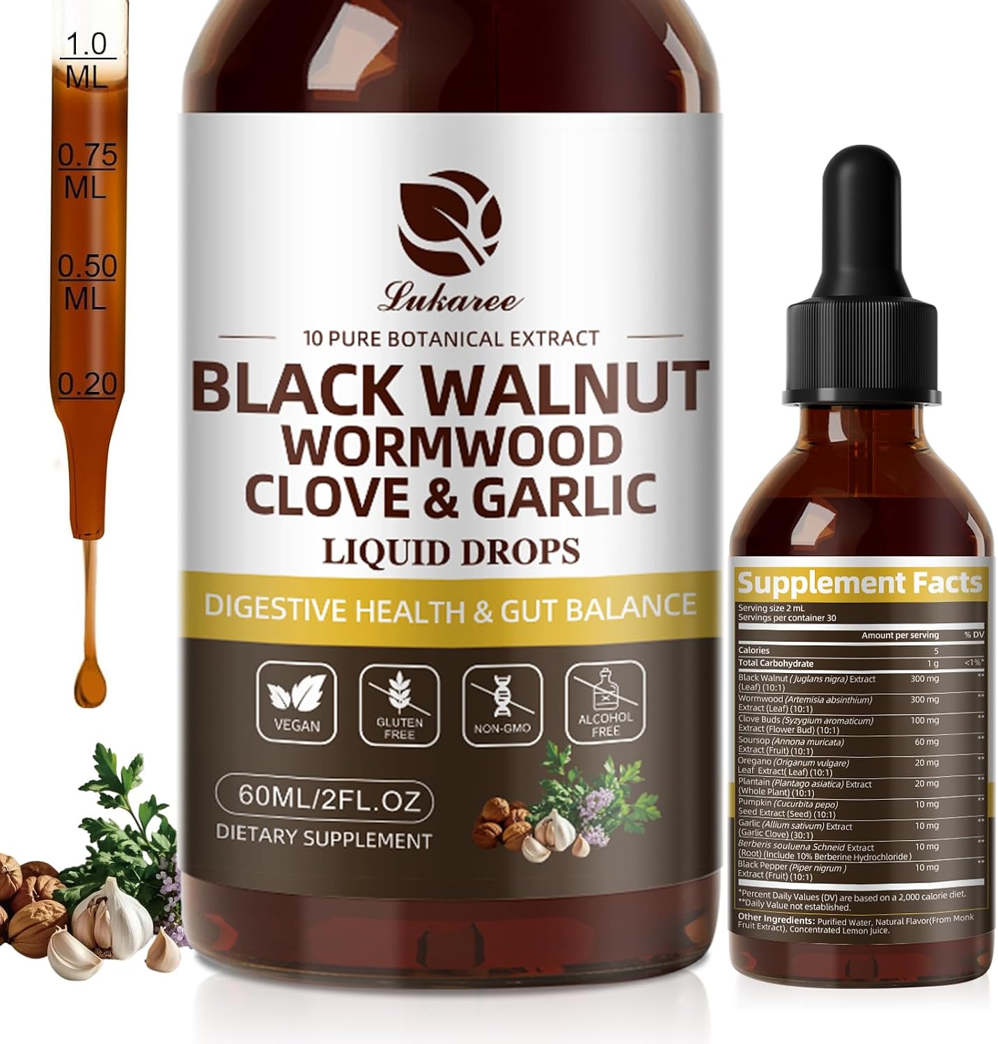 Wormwood Black Walnut Clove Cleanse Tincture - Gut Health & Detox | with Garlic Pumpkin Seeds Soursop Oregano - Digestive & Intestinal Support for Humans - Vegan, Herbal Blends, Liposomal Tech