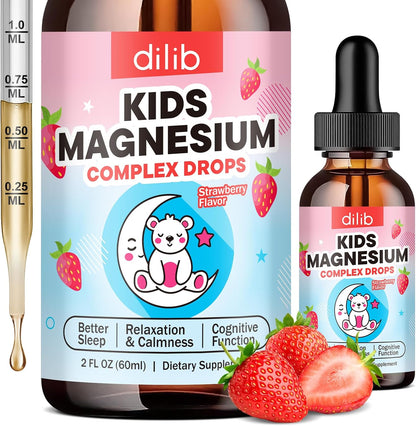 Kids Magnesium Liquid Drops - Liquid Magnesium Glycinate for Kids, Citrate Supplement with L-theanine, Omega-3, Vitamin B12, D3 for Sleep, Calm, Relaxation, Brain, Bones, Strawberry 2 Fl Oz