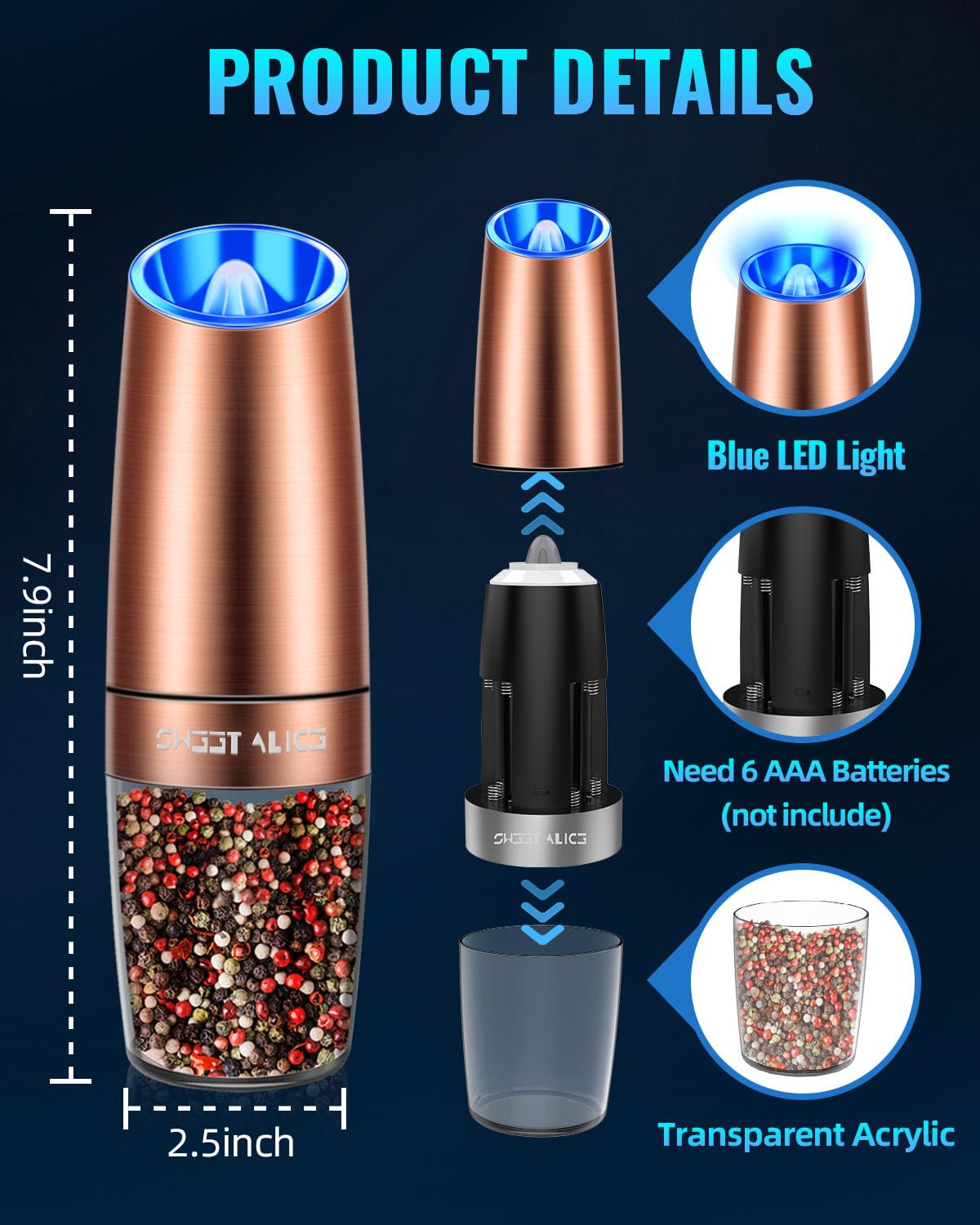 Gravity Electric Pepper and Salt Grinder Set, Adjustable Coarseness, Battery Powered