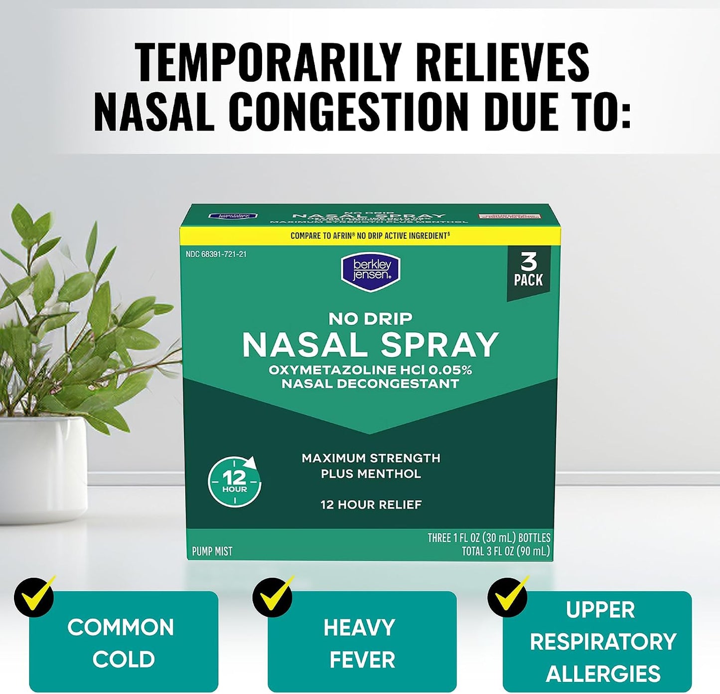 Berkley Jensen No Drip Severe Congestion Nasal Spray - Maximum Strength Decongestant with Oxymetazoline HCl & Menthol - Pump Mist Applicator, No Steroid, 12 Hour Relief, 1 Fluid Ounce (Pack of 3)