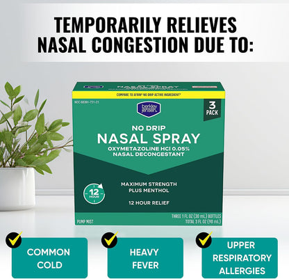 Berkley Jensen No Drip Severe Congestion Nasal Spray - Maximum Strength Decongestant with Oxymetazoline HCl & Menthol - Pump Mist Applicator, No Steroid, 12 Hour Relief, 1 Fluid Ounce (Pack of 3)