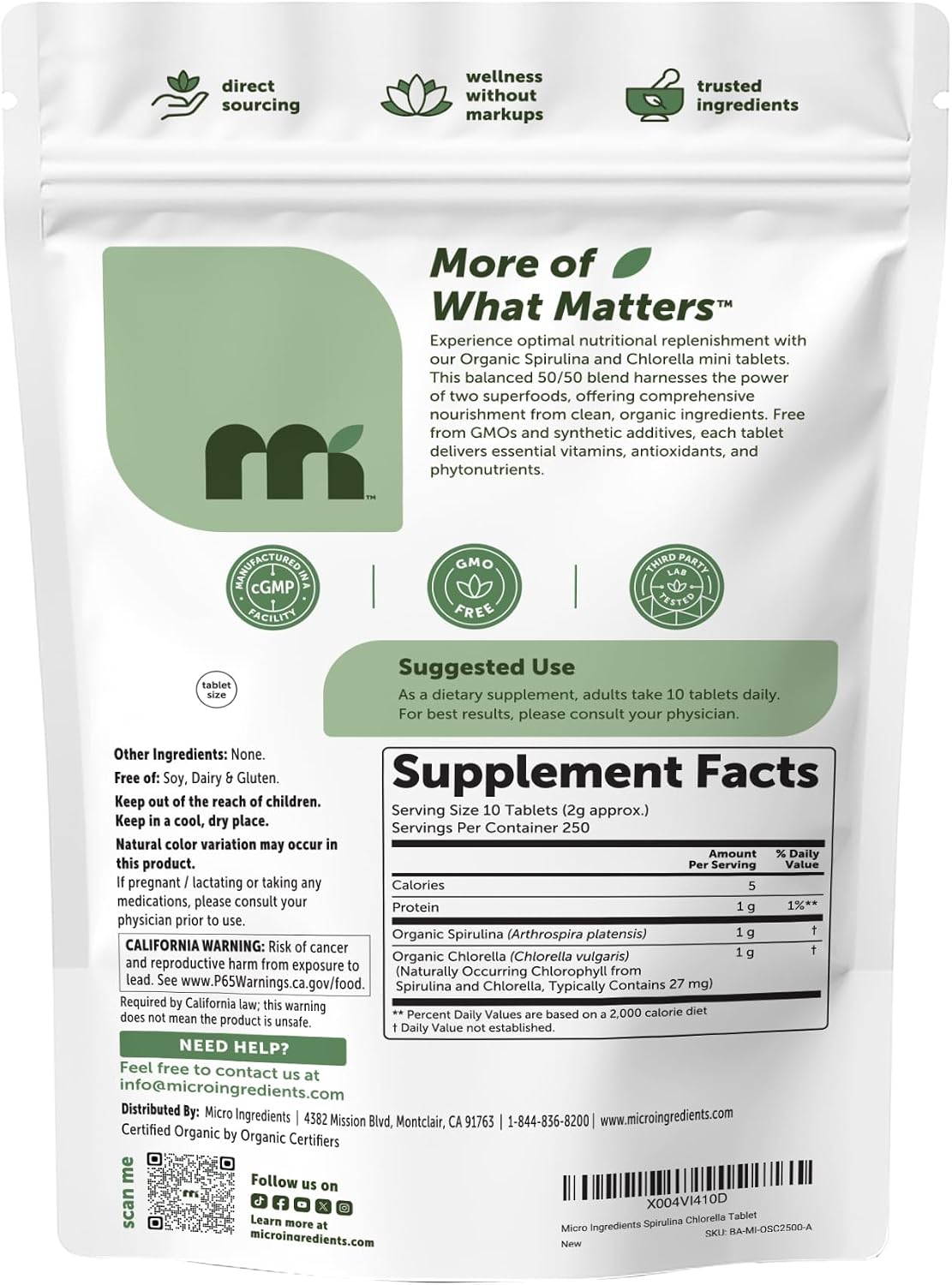 Micro Ingredients Organic Spirulina Chlorella Mini Tablets, 2,500 Tablets (8 Month Supply) | 50/50 Algae Blend | No Fillers, Non-GMO