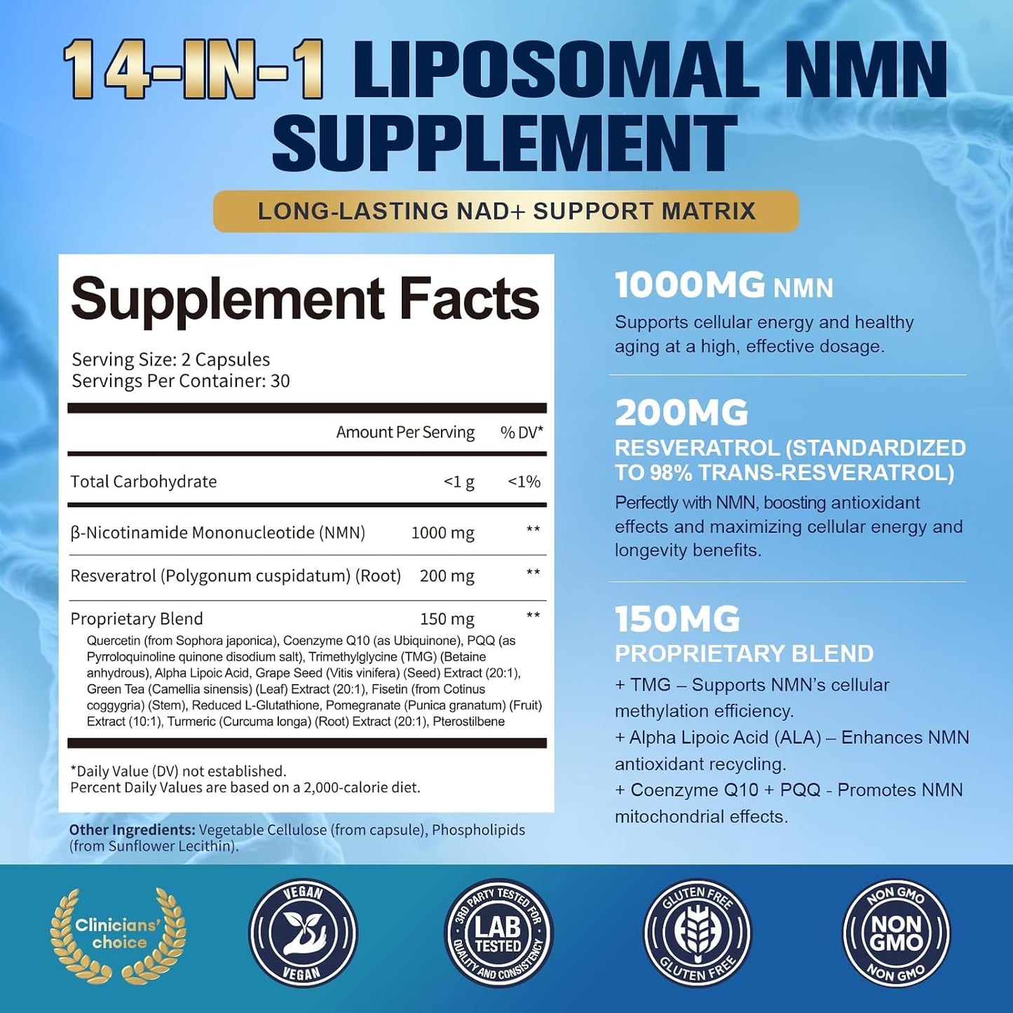 Totaria Liposomal NMN Supplement 1000mg, 14-in-1 NMN Resveratrol Complex with CoQ10, TMG, Quercetin, ALA, PQQ, Support NAD Levels, Cellular Energy & Healthy Aging, 60 Capsules, cGMP, Filler Free