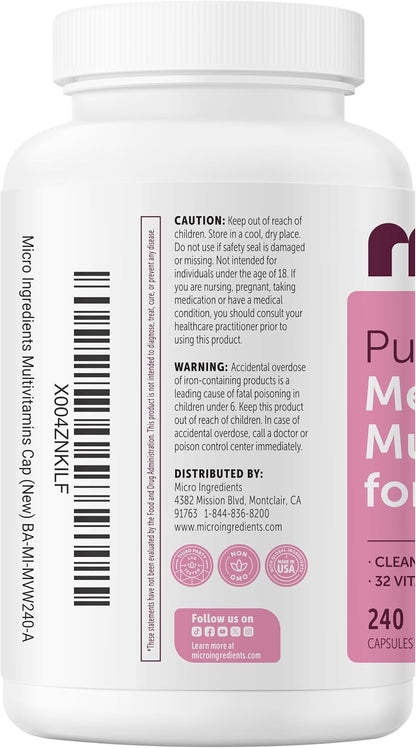Micro Ingredients Pure Methylated Multivitamin for Women, 240 Capsules | 32-in-1 Formula with Vitamin B, C, D + Iron, Methylfolate & More | Supports Women 's Daily Wellness | Filler Free, Non-GMO