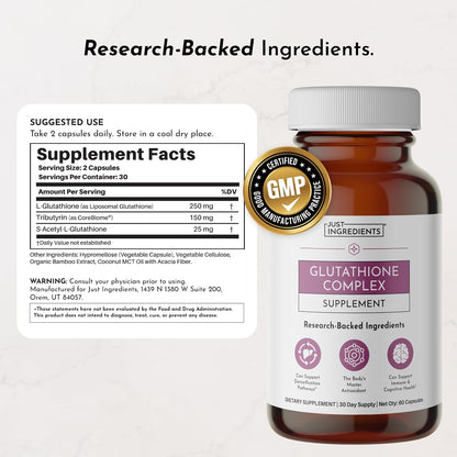 JUST INGREDIENTS Glutathione Complex - Liposomal, S-Acetyl-L-Glutathione, Tributyrin - 60 Capsules