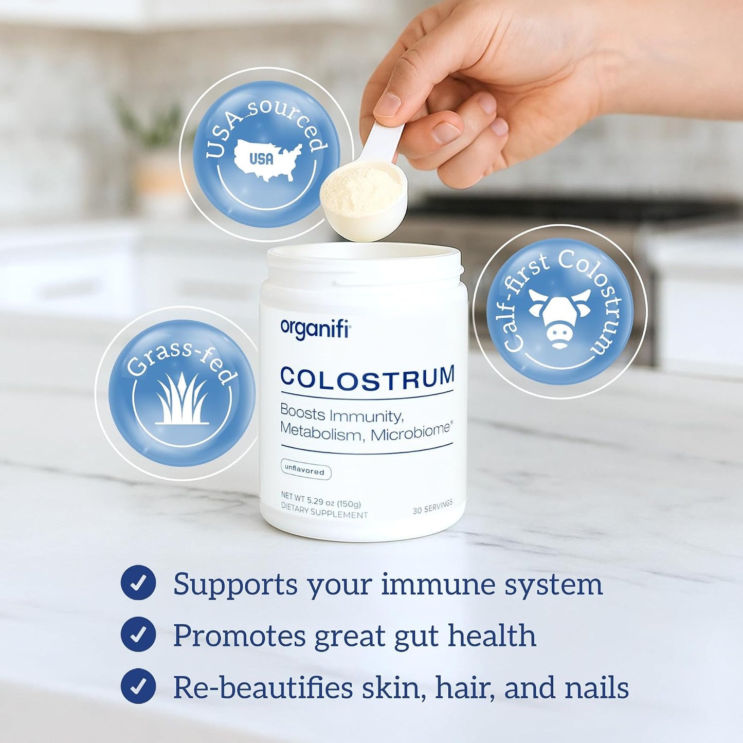 Organifi Bovine Colostrum Powder - Grass-Fed, USA-Sourced Colostrum Supplement for Gut Health, Immune Support and Recovery