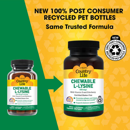 Country Life Chewable L-Lysine Supplement with Vitamin D and Elderberry, Immune Support and Collagen Renewal for Skin Tissue, Ideal for Adults