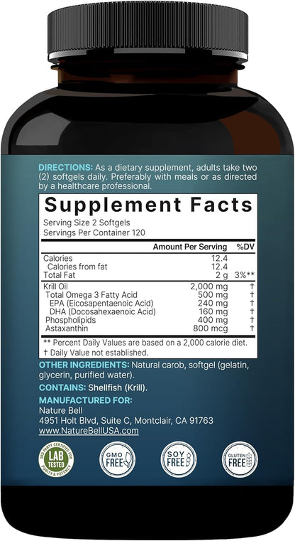NatureBell Antarctic Krill Oil 2000mg Supplement, 240 Softgels, 3X Strength Natural Source of Omega-3s, EPA 240mg + DHA 160mg + Astaxanthin 800mcg – No Fishy Aftertaste – Mercury Free & Non-GMO