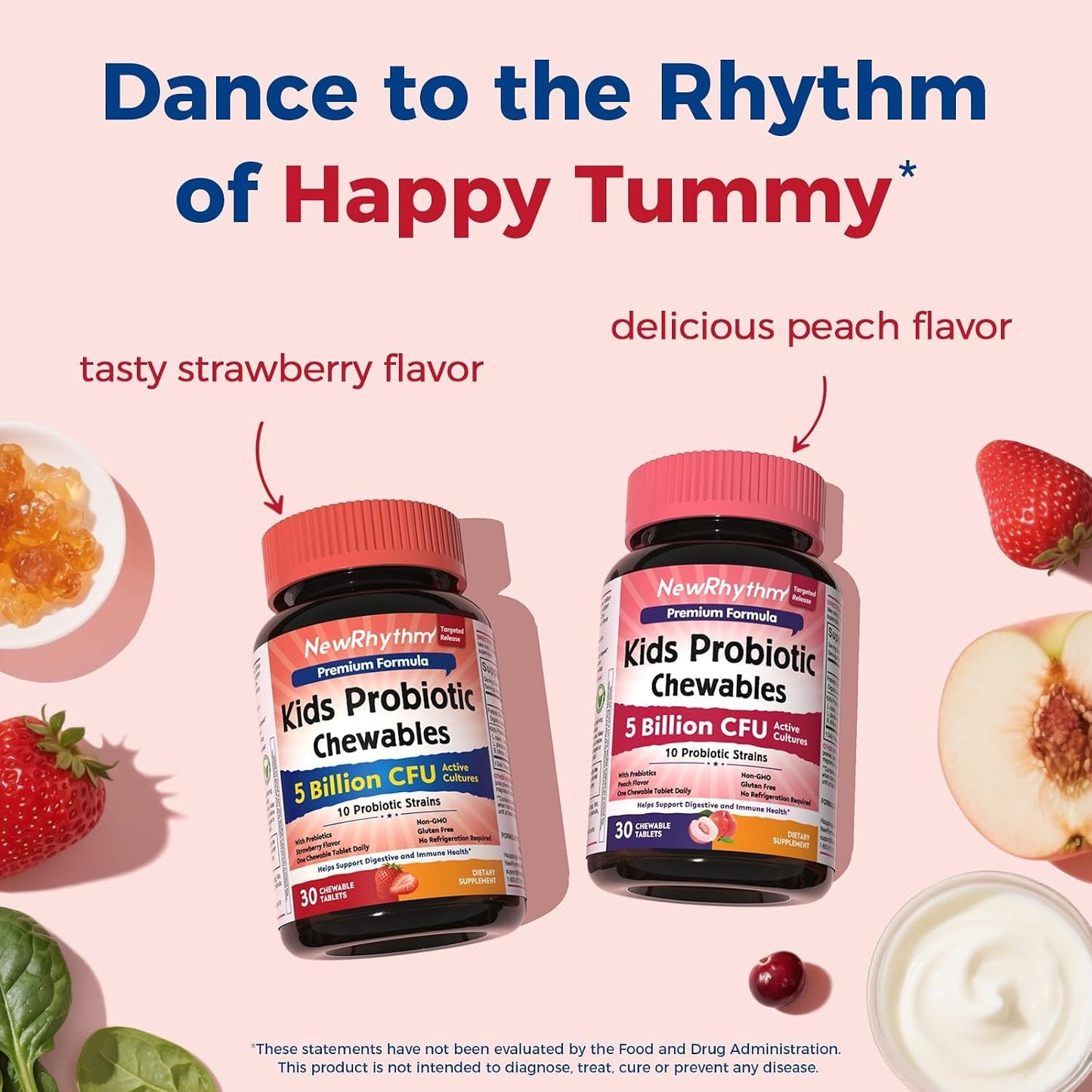 NewRhythm Kids Probiotic Chewables, 5 Billion CFU 10 Strains, with Prebiotic Fiber Inulin & Organic Acacia, Natural Strawberry Flavored, for Digestive & Immune Support, 30 Chewable Tablets