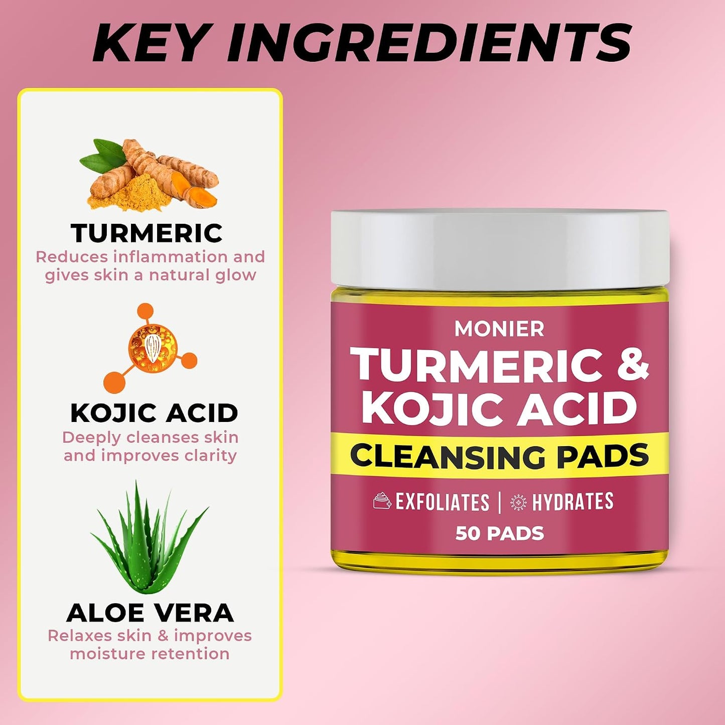 Turmeric Kojic Acid Cleansing Pads for Face Dark Spots - Hydrates & Plumps | With Vitamin C & E, Sensitive Skin Friendly (50 Pads)