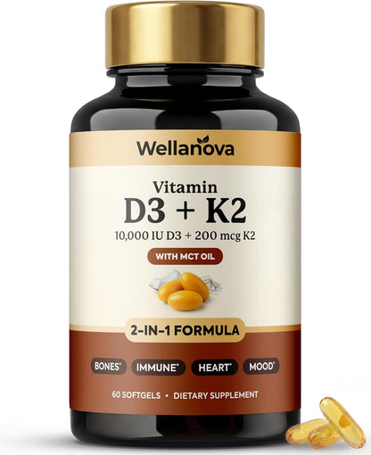 Vitamin D3 K2 10,000 IU – Pure 2-in-1 Vitamin Supplement for Men & Women | MK-7 200 Mcg With Coconut Oil, 60 Softgels