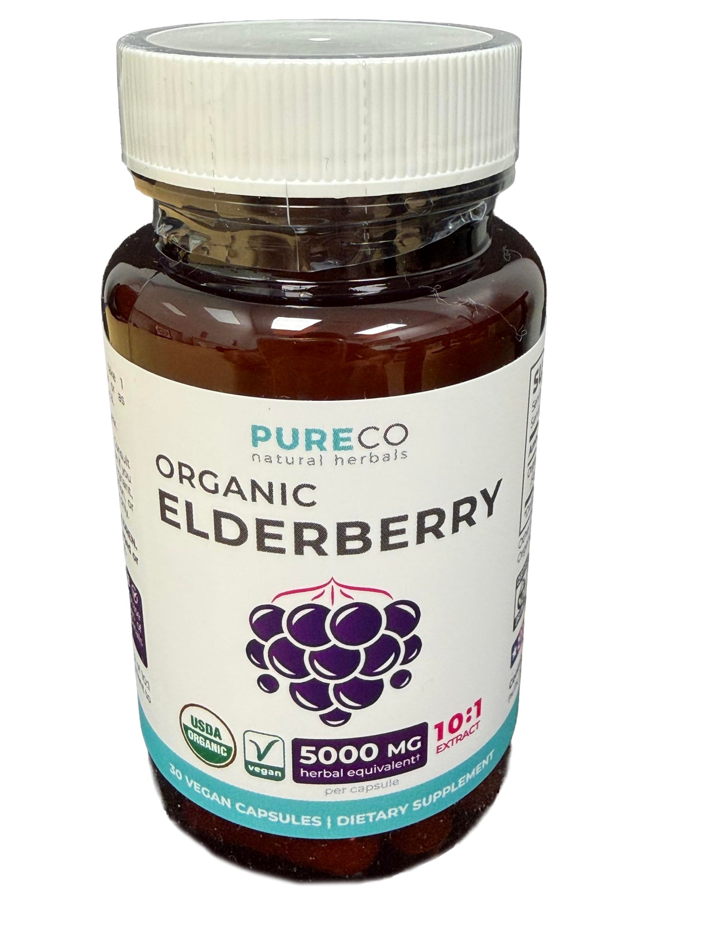 PURE CO Organic Elderberry 10:1 Extract 500mg Per 1 Capsule Serving - Vegan Black Elderberry Supplement for Immune Support, Allergy, Sinus Relief - Sambucus Nigra - 30 Caps