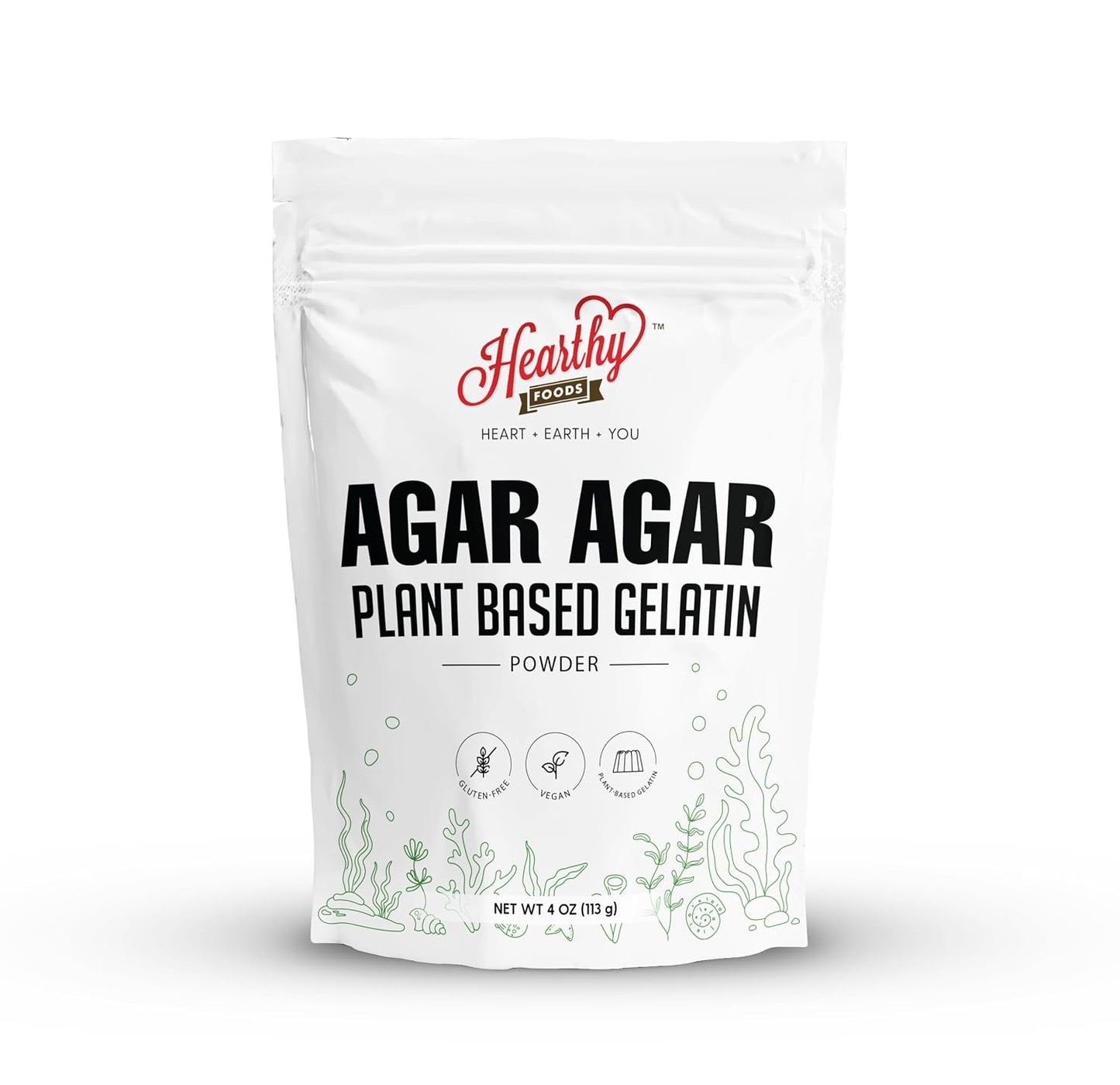 Hearthy Foods Agar Agar Powder (4oz) Vegan Gelatin Substitute, Certified Halal, Kosher, Gluten-free, Non-GMO, 100%, Sugar-free, Kosher, Halal, Desserts, 100% Natural Red Algae
