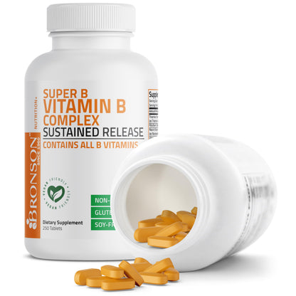 Bronson Super B Vitamin B Complex Sustained Release for Energy, 60 Tablets | B1, B2, B3, B6, Folic Acid, B12, Biotin & Pantothenic Acid, One-Tablet Formula, Non-GMO, Gluten-Free & Soy-Free