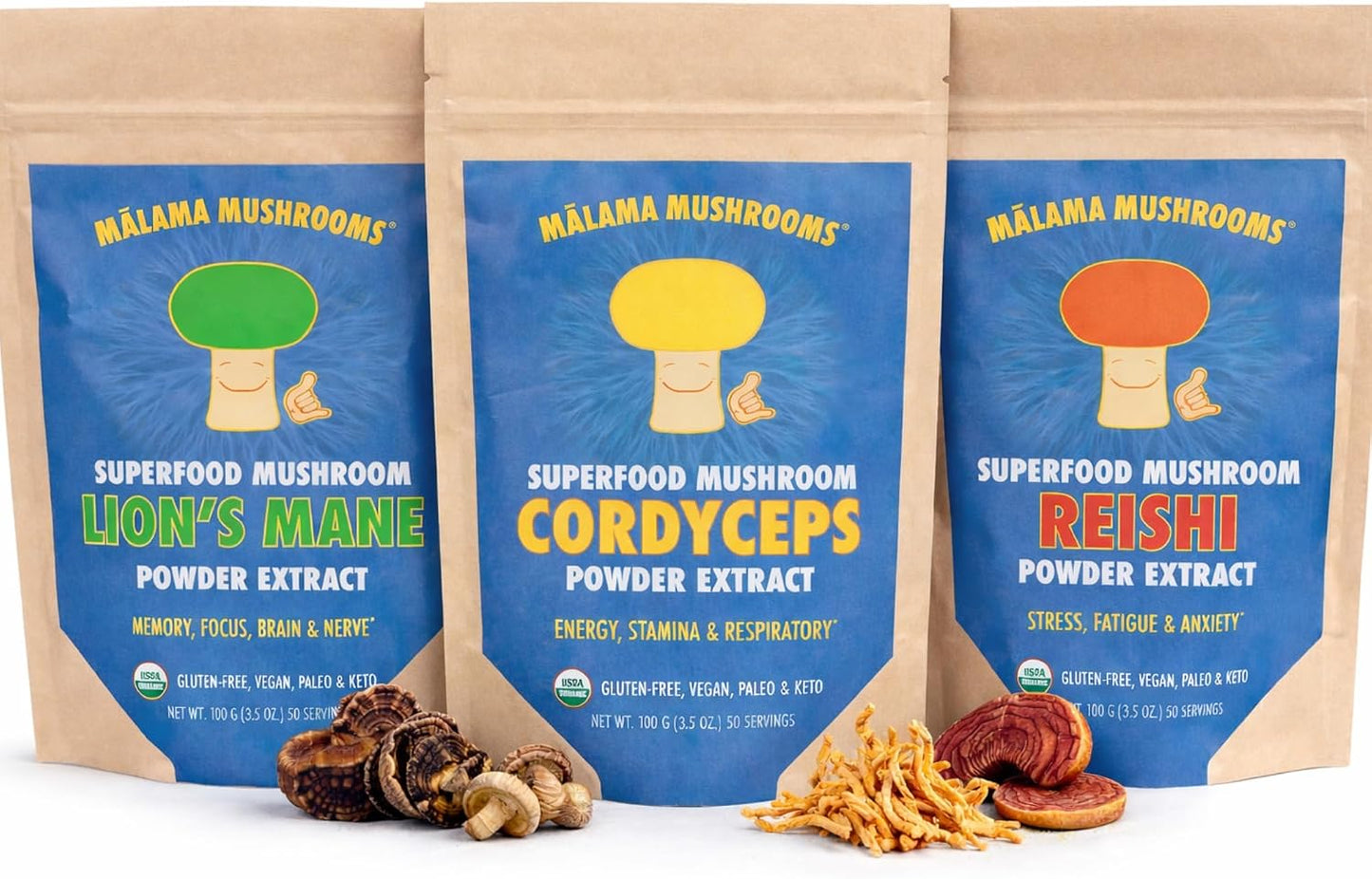 Malama All-Day Vitality Bundle – Lion’s Mane, Cordyceps & Reishi Mushroom Extract Powders – Organic Adaptogenic Superfood Trio for Focus, Energy & Relaxation – Vegan Supplements 3.5 oz (3-Pack)