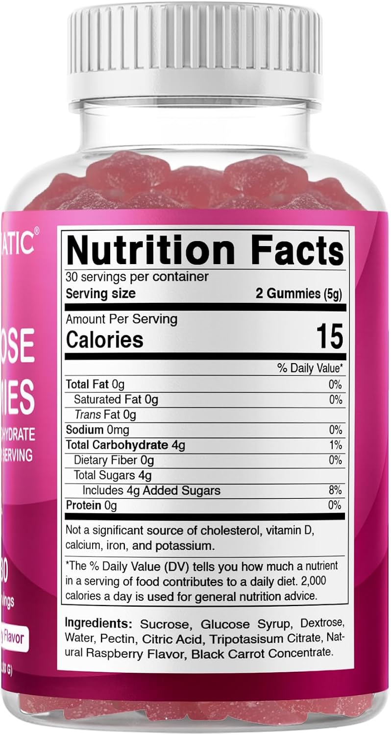Vitamatic Glucose chewable Gummies - 60 Count - Natural Raspberry Flavor - 4G of Carbohydrate per Serving (1 Bottle) | 4 g Carbohydrates per Serving, Pectin-Based, Gluten Free, Non GMO