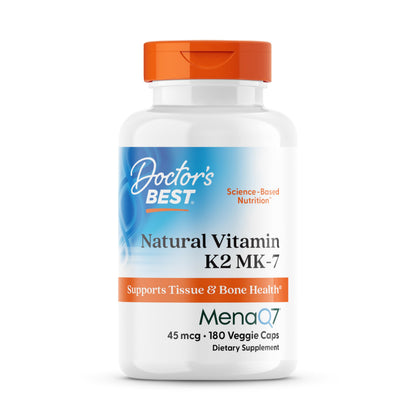 Doctor's Best Natural Vitamin K2 MK7 Supplement for Men & Women - Bone Health Support, 45 mcg Vitamin K-2 MK-7 Capsules with MenaQ7, Calcium Support, Non GMO, Vegan - 60 Veg Caps