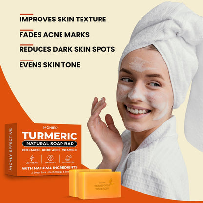 MONIER Turmeric Soap Bar for Dark Spots - With Kojic Acid & Collagen | With Kojic Acid, Collagen, Coconut Oil, Vitamin C, Vitamin E, Moisturizing & Nourishing, Natural (2 Soap Bars + Storage Net)